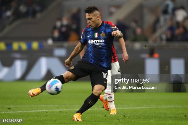 Lautaro Martinez of FC Internazionale scores their side's first goal during the Coppa Italia Semi Final 2nd Leg match between FC Internazionale v AC...