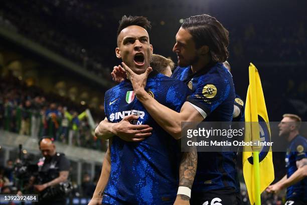 Lautaro Martinez of FC Internazionale celebrates with Matteo Darmian after scoring their team's first goal during the Coppa Italia Semi Final 2nd Leg...