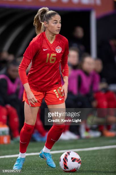 Janine Beckie of Canada against Nigeria during a Celebration tour friendly match at Starlight Stadium on April 11, 2022 in Langford, British...