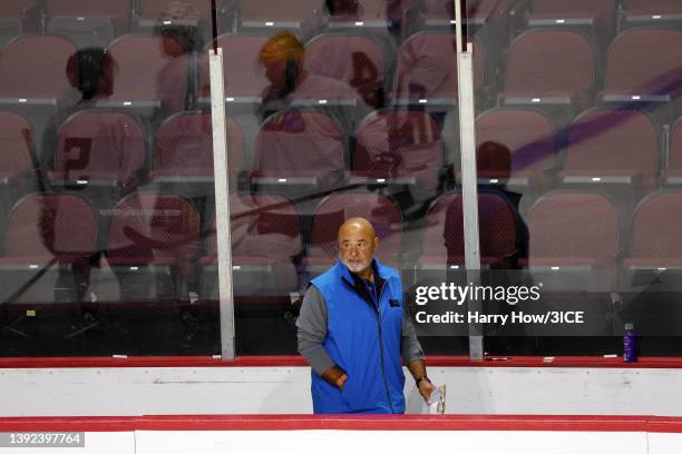 Head Coach Grant Fuhr of Team D looks on during a 3ICE Hockey tryout session at the Orleans Arena on April 19, 2022 in Las Vegas, Nevada.