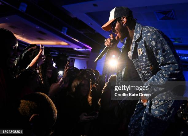 Diamond Platnumz performs on stage during the Diamond Platnumz "First Of All" Launch at Mondrian London, Shoreditch on April 12, 2022 in London,...