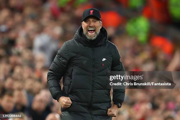 Liverpool manager Jurgen Klopp gestures from the touchline during the Premier League match between Liverpool and Manchester United at Anfield on...
