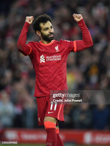 Mohamed Salah of Liverpool celebrates after scoring the second goal during the Premier League match between Liverpool and Manchester United at...