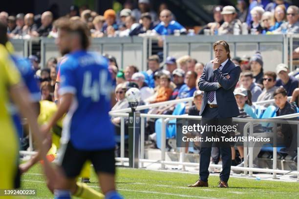 San Jose Earthquakes head coach Matias Almeyda during a game between Nashville SC and San Jose Earthquakes at PayPal Park on April 16, 2022 in San...