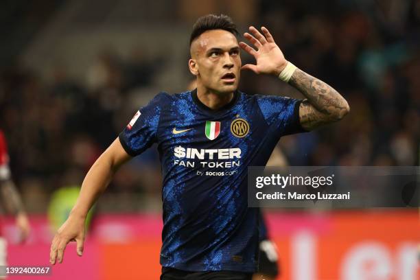 Lautaro Martinez of FC Internazionale celebrates scoring their side's second goal during the Coppa Italia Semi Final 2nd Leg match between FC...