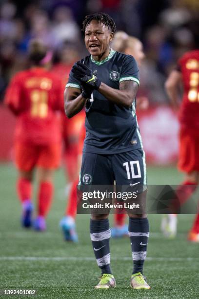 Rita Chikwelu of Nigeria against Canada during a Celebration tour friendly match at Starlight Stadium on April 11, 2022 in Langford, British...