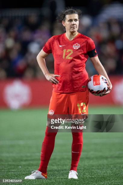 Christine Sinclair of Canada against Nigeria during a Celebration tour friendly match at Starlight Stadium on April 11, 2022 in Langford, British...