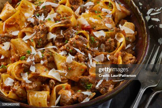 manzo alla bolognese con pappardelle - pappardelle foto e immagini stock