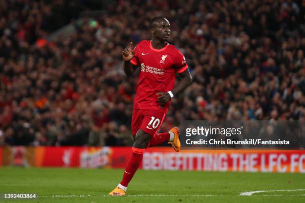 Sadio Mane of Liverpool celebrates scoring his side's third goal during the Premier League match between Liverpool and Manchester United at Anfield...