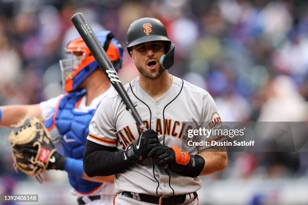 Joey Bart of the San Francisco Giants reacts after striking out during the fourth inning of the game against the New York Mets at Citi Field on April...