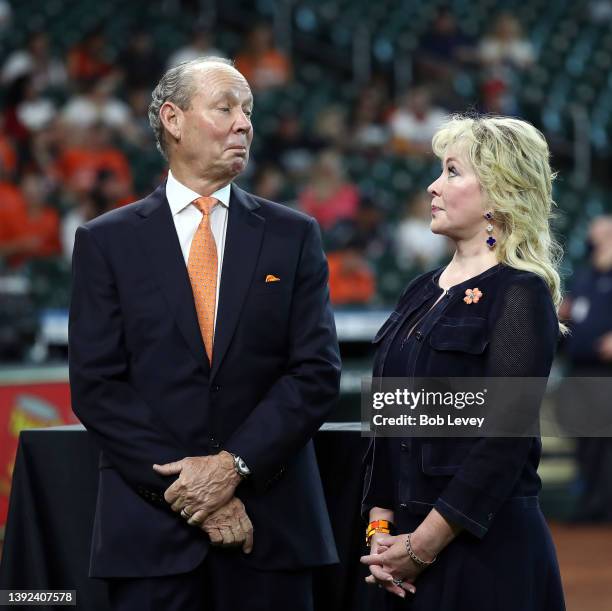 Houston Astros owner Jim Crane and wife Whitney prepare to hand out 2021 American League championship rings to the players at Minute Maid Park on...