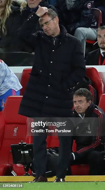 Interim Manager Ralf Rangnick of Manchester United watches from the touchline during the Premier League match between Liverpool and Manchester United...