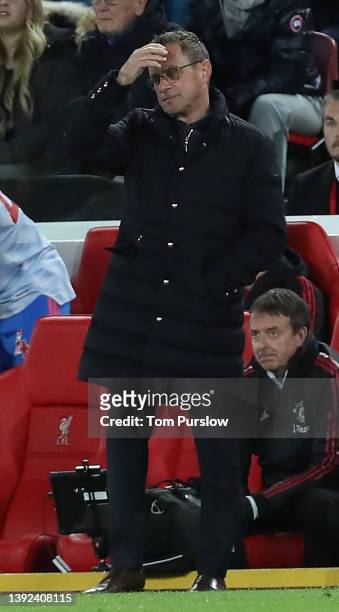 Interim Manager Ralf Rangnick of Manchester United watches from the touchline during the Premier League match between Liverpool and Manchester United...