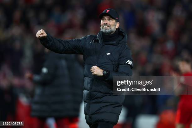 Jurgen Klopp, Manager of Liverpool, celebrates their side's win after the final whistle of the Premier League match between Liverpool and Manchester...