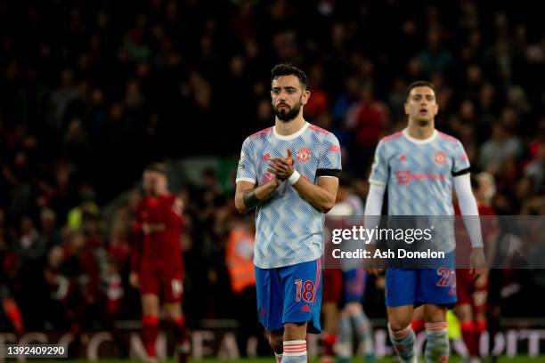 Bruno Fernandes of Manchester United applauds the fans after the Premier League match between Liverpool and Manchester United at Anfield on April 19,...