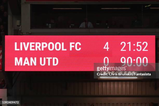 The scoreboard at full-time following the Premier League match between Liverpool and Manchester United at Anfield on April 19, 2022 in Liverpool,...