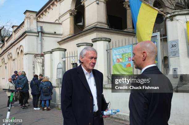 American politician US Representative Ed Markey speaks Jewish Community Center of Krakow executive director Jonathan Ornstein, Krakow, Poland, April...