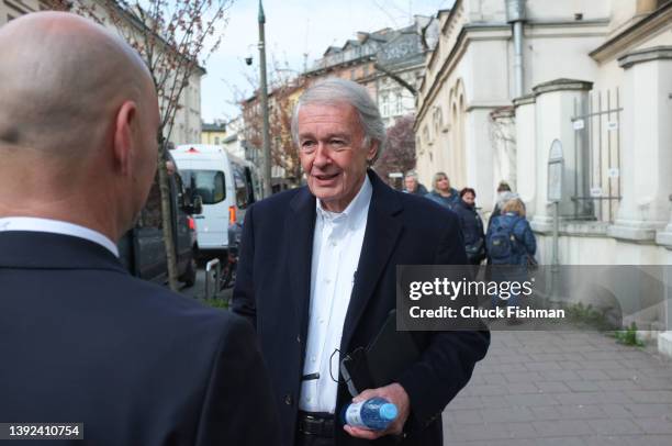 American politician US Representative Ed Markey speaks Jewish Community Center of Krakow executive director Jonathan Ornstein, Krakow, Poland, April...