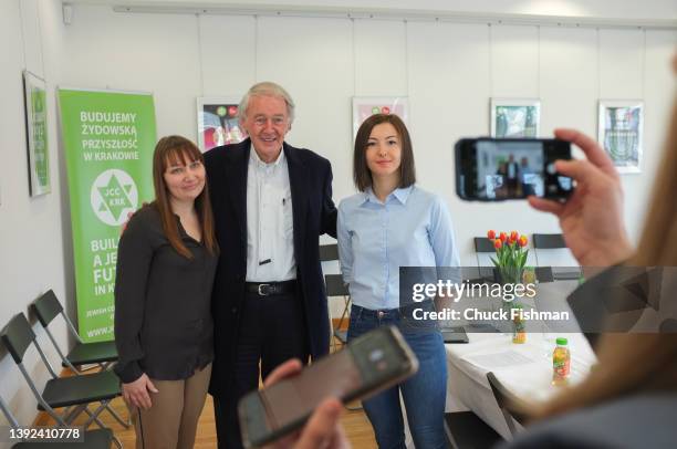 Representative Ed Markey pictured with Ukrainian refugees now working at JCC Krakow: Anastasia Lasnaya and Anna Belenkaya during a meeting with a...