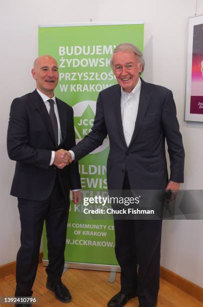 American politician US Representative Ed Markey with Jewish Community Center of Krakow executive director Jonathan Ornstein, Krakow, Poland, April...