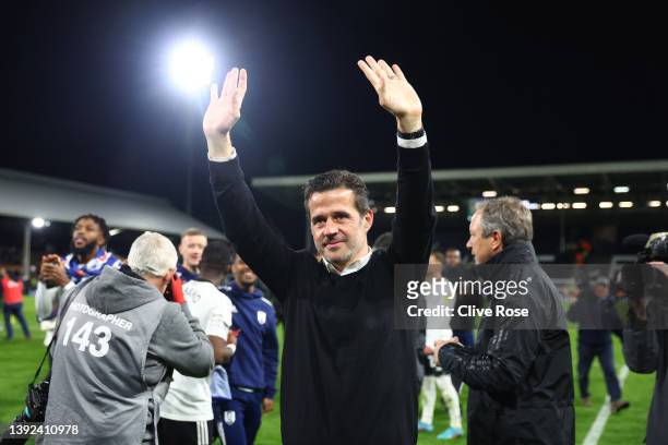 Marco Silva, Manager of Fulham, interacts with the crowd whilst celebrating their side's promotion to the Premier League following victory in the Sky...