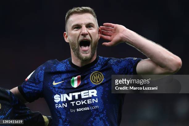Milan Skriniar of FC Internazionale celebrates their side's win after the final whistle of the Coppa Italia Semi Final 2nd Leg match between FC...