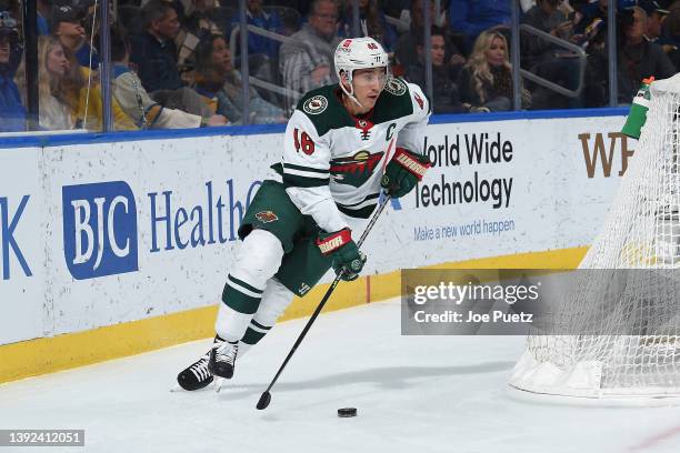 Jared Spurgeon of the Minnesota Wild skates against the St. Louis Blues at the Enterprise Center on April 16, 2022 in St. Louis, Missouri.