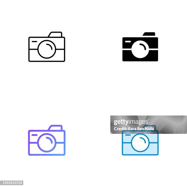 camera icon design in four style with editable stroke. line, solid, flat line and color gradient line. suitable for web page, mobile app, ui, ux and gui design. - website creation stock illustrations