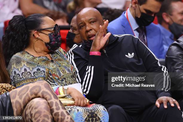 Joseph Simmons of Run-D.M.C. Looks on courtside between the Miami Heat and the Chicago Bulls at FTX Arena on February 28, 2022 in Miami, Florida....