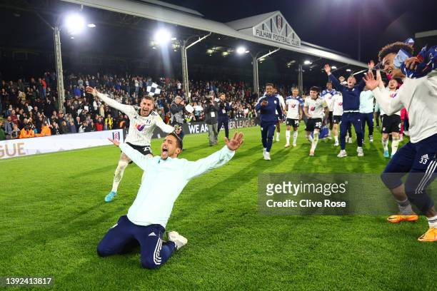 Anthony Knockaert of Fulham celebrates their side's promotion to the Premier League following victory in the Sky Bet Championship match between...