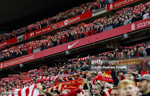 Fans of Liverpool with banners and flags during the Premier League match between Liverpool and Manchester United at Anfield on April 19, 2022 in...