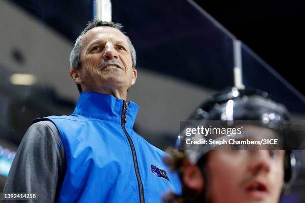 Head Coach Guy Carbonneau of Team A reacts during a 3ICE Hockey tryout session at the Orleans Arena on April 19, 2022 in Las Vegas, Nevada.