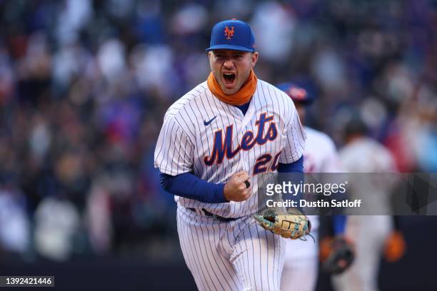Pete Alonso of the New York Mets reacts after a call was overturned after a review in the 10th inning against the San Francisco Giants at Citi Field...