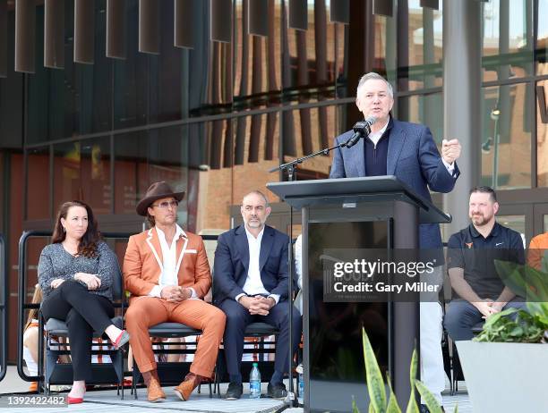 Casey Sparks, University of Texas Minister of Culture Matthew McConaughey and C3 Presents Co-Founder Charles Attal listen to Oak View Group CEO Tim...