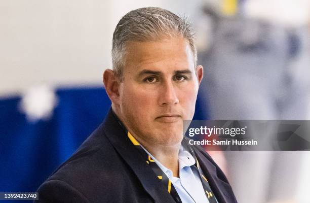 Security guard Christopher Sanchez looks on as Prince Harry attends the swimming competition during day four of the Invictus Games The Hague 2020 at...