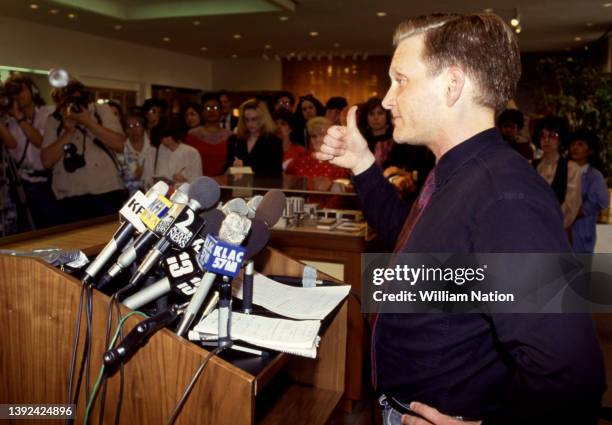 American actor and stand-up comedian Eric Douglas , holds a press conference at Cedars-Sinai hospital following an accident involving his father Kirk...