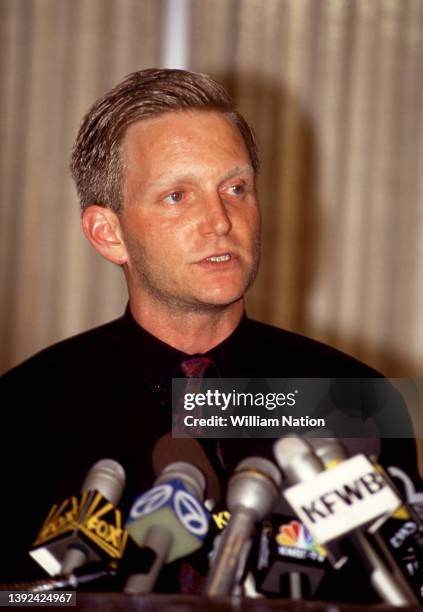 American actor and stand-up comedian Eric Douglas , holds a press conference at Cedars-Sinai hospital following an accident involving his father Kirk...