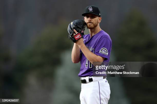 Starting pitcher Chad Kuhl of the Colorado Rockies throws against the Philadelphia Phillies in the first inning at Coors Field on April 18, 2022 in...