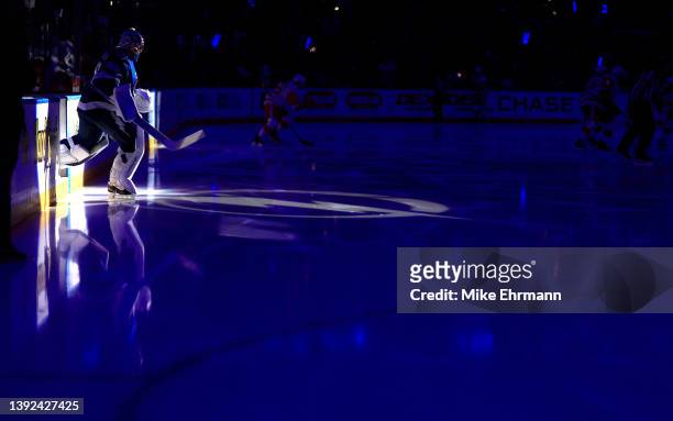 Andrei Vasilevskiy of the Tampa Bay Lightning looks on in the first period during a game against the Detroit Red Wings at Amalie Arena on April 19,...