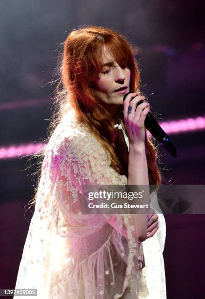 Florence Welch of Florence + the Machine performs on stage at Theatre Royal Drury Lane on April 19, 2022 in London, England.