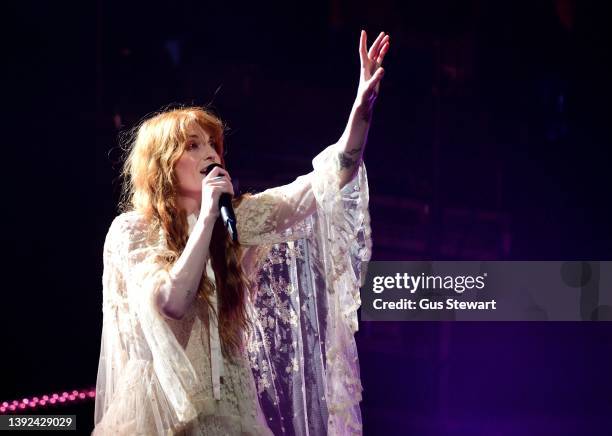 Florence Welch of Florence + the Machine performs on stage at Theatre Royal Drury Lane on April 19, 2022 in London, England.