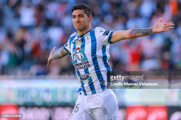Víctor Guzmán of Pachuca celebrates after scoring the first goal of his team during the 15th round match between Pachuca and Puebla as part of te...