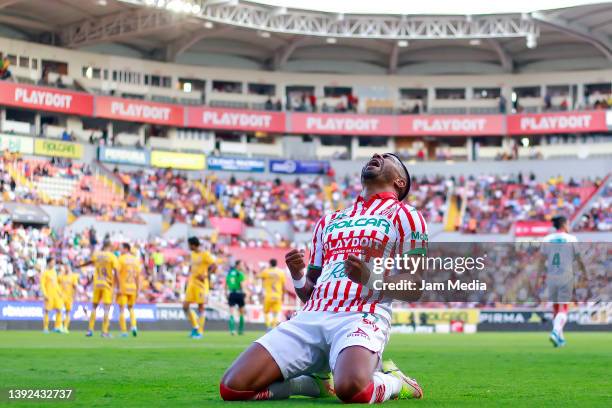 Rodrigo Aguirre of Necaxa celebrates after scoring his team's first goal during the 15th round match between Necaxa and Tigres UANL as part of the...