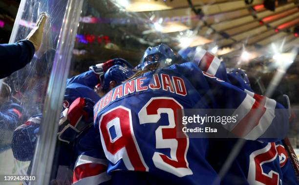 Ryan Strome of the New York Rangers celebrates his goal with teammate Mika Zibanejad after he scored during the second period against the Winnipeg...