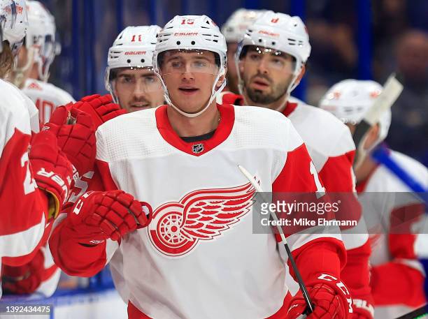 Jakub Vrana of the Detroit Red Wings celebrates a goal in the second period during a game against the Tampa Bay Lightning at Amalie Arena on April...