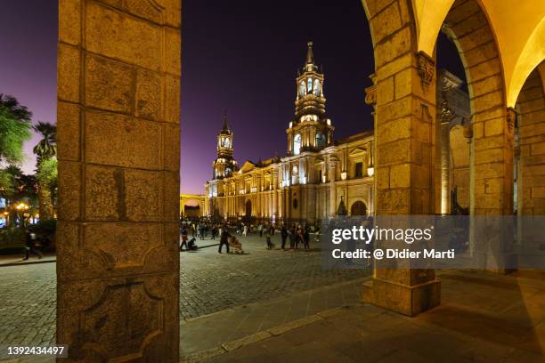 arequipa cathedral at dusk in peru, south america - arequipa peru stock-fotos und bilder