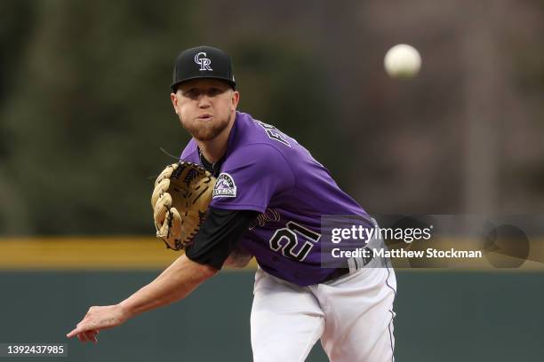 Starting pitcher Kyle Freeland of the Colorado Rockies throws against Philadelphia Phillies in the first inning at Coors Field on April 19, 2022 in...