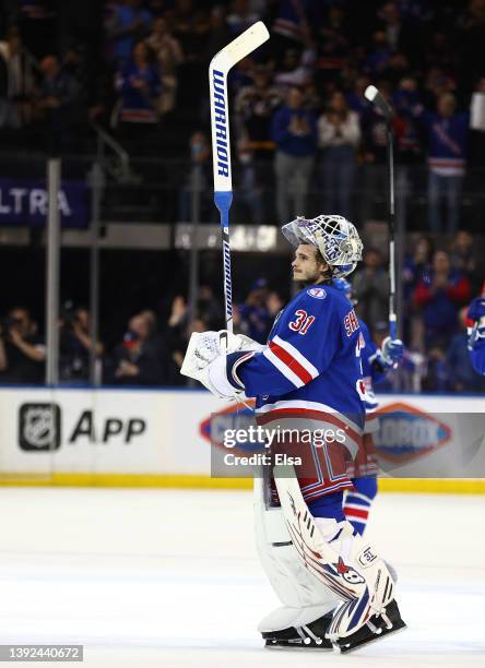 Igor Shesterkin of the New York Rangers celebrates the win after the third period aWinnipeg Jets at Madison Square Garden on April 19, 2022 in New...