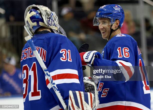 Igor Shesterkin and Ryan Strome of the New York Rangers celebrate the win over the Winnipeg Jets after the game at Madison Square Garden on April 19,...