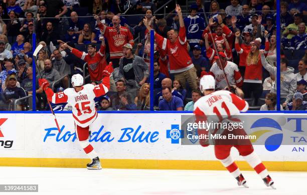 Jakub Vrana of the Detroit Red Wings celebrates a goal in the third period during a game against the Tampa Bay Lightning at Amalie Arena on April 19,...